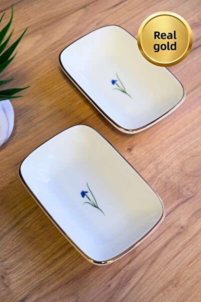 tabakevi Tabak Evi Porcelain Natura Iris Gold Gilded Rectangular Boat Plate 12X8,50Cm 2 Pcs