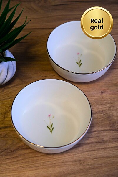 tabakevi Tabak Evi Porcelain Natura Broadcloth Gold Gilded Bowl 13,50X4Cm 460Cc 2 Pcs