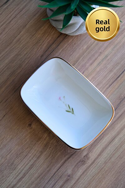 tabakevi Tabak Evi Porcelain Natura Broadcloth Gold Gilded Rectangular Boat Plate 14X9,8Cm Single