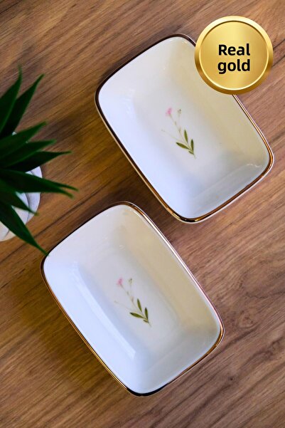 tabakevi Tabak Evi Porcelain Natura Broadcloth Gold Gilded Rectangular Boat Plate 12X8,50Cm 2 Pcs