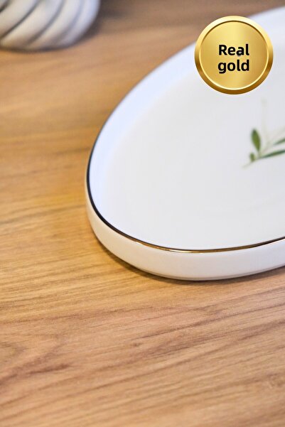 tabakevi Tabak Evi Porcelain Natura Broadcloth Gold Gilded Oval Boat 32,50X17X2,50Cm Single