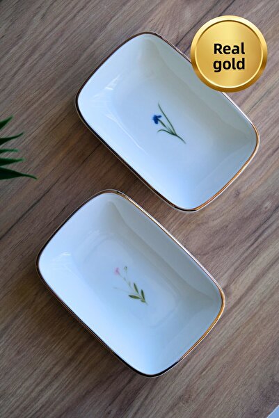 tabakevi Tabak Evi Porcelain Natura Mixed Gold Gilded Rectangular Boat Plate 14X9,8Cm 2 Pieces