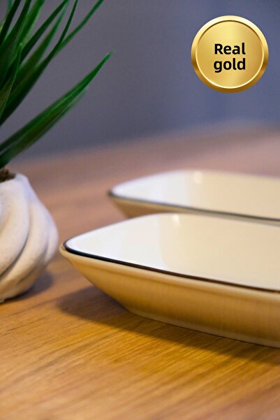 tabakevi Tabak Evi Porcelain Natura Broadcloth Gold Gilded Rectangular Boat Plate 14X9,8Cm 2 Pcs