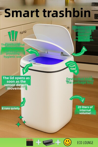 Eco Lounge Coș de gunoi inteligent, dimensiune mare, 20 litri, cu lumină UV și senzor, detectează mișcarea, silențios