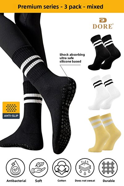 Dore Original Unisex 3 Pairs Anti-Slip Pilates and Yoga Plates Non-Slip Sole Socks Black White Yellow