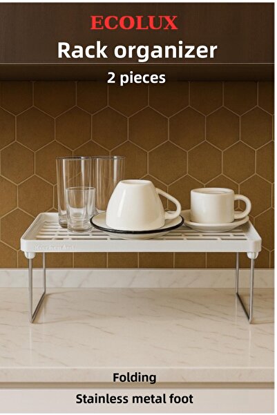 Ecolux Inside Cabinet Organizer Metal Standing Clip-On Shelf Plate Cup Rack Organizer - 2 Pcs