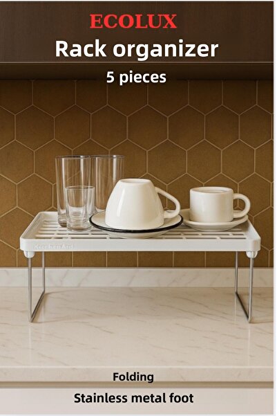 Ecolux Inside Cabinet Organizer Stainless Metal Standing Clip-On Shelf Plate Cup Rack - 5Pcs