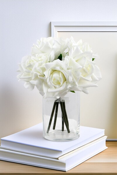 Yapay Çiçek Deposu Artificial Premium 5-Piece Wet Rose Bouquet White
