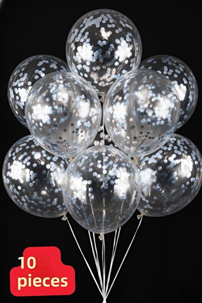 Baloncu Dede Silver 10 Pieces Confetti Transparent Balloon Birthday Balloon Balloon with Particles Balloon with Shiny Particles