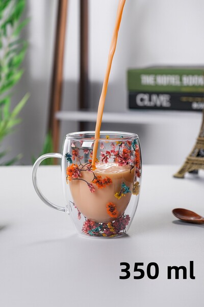 Destpak 350 ml Ribbed Glass - Floral Double Wall Glass - Hand-Resistant Glass Cup Borosilicate Heat Resistant