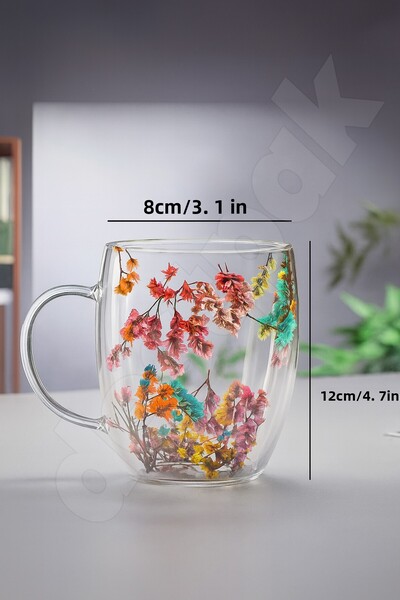 Destpak 350 ml Ribbed Glass - Floral Double Wall Glass - Hand-Resistant Glass Cup Borosilicate Heat Resistant