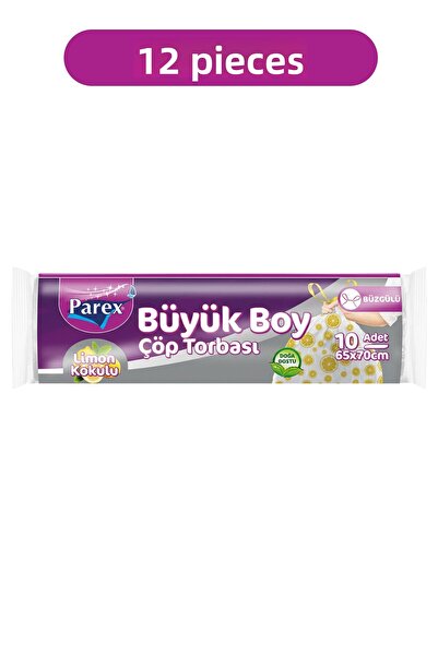 Parex أكياس قمامة فاخرة برباط، عبوة من 10 قطع، برائحة الليمون، حجم كبير 65 × ...