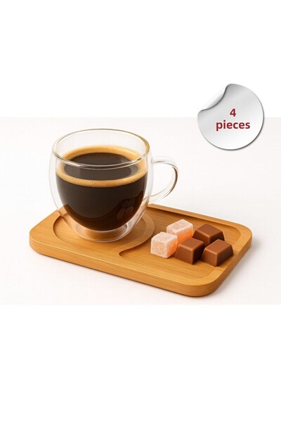 HUBBYCHEF 4-Person Double-Walled Cup and Saucer Espresso Tea Coffee Cup Set with Bamboo Saucer