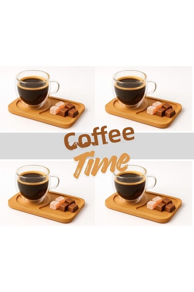 HUBBYCHEF 4-Person Double-Walled Cup and Saucer Espresso Tea Coffee Cup Set with Bamboo Saucer