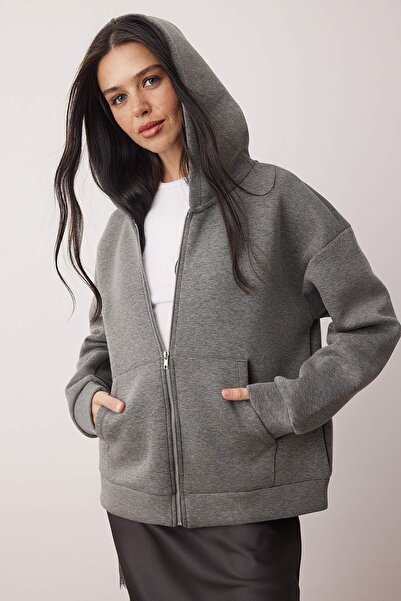 Trendyol Collection Anthracite Melange Oversize Hooded Knitted Sweatshirt Twoaw26Sw00018