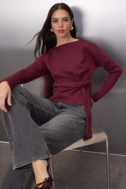 Trendyol Collection Burgundy Striped Tie Detail Long Sleeve Boat Neck Knitted Blouse Twoaw26Bz00326