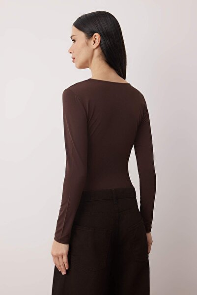 Trendyol Collection Brown Lace Trim V-Neck Knitted Bodysuit Tpraw26Bd00018