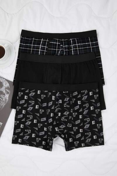 Trendyol Collection Black Patterned-Solid Mix 3-Pack Cotton Lycra Boxer Tmnaw26Bx00000