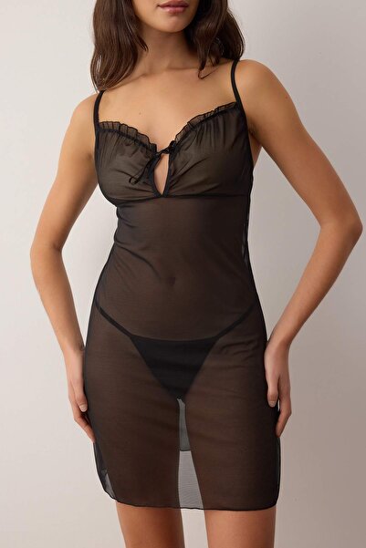 Trendyol Collection Μαύρο τούλι λεπτομέρεια με σούρες κορδόνια με πλέγμα Babydoll/Φανταχτερό νυχτικό THMAW26LL00019