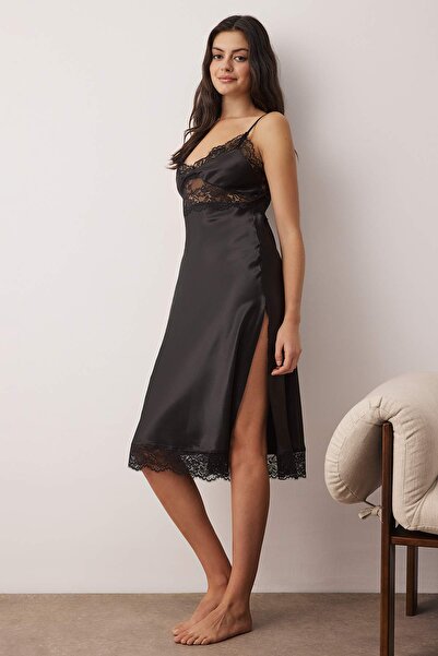 Trendyol Collection Black Lace and Slit Detailed Satin Woven Nightgown Thmaw26Gc00008