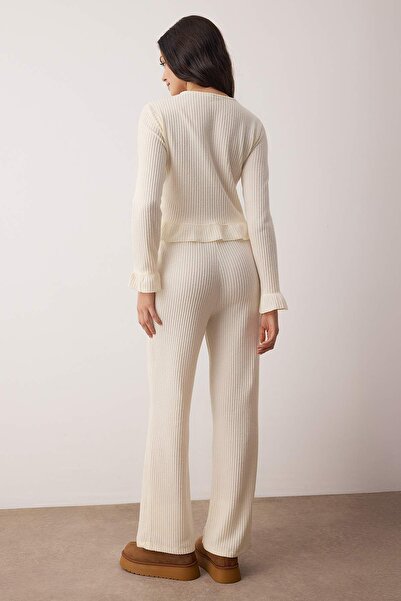 Trendyol Collection Ecru Cotton Polyester Plain Ruffle Waffle Knitted Pajamas Set Thmaw26Pt00126