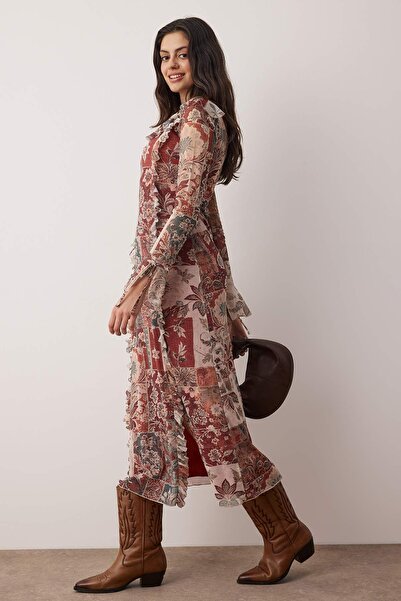 Trendyol Collection Ethnic Patterned Ruffled Maxi Knitted Dress Twoaw26El00060