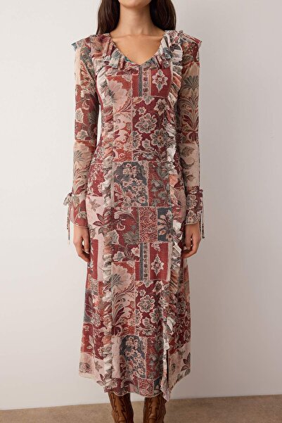 Trendyol Collection Ethnic Patterned Ruffled Maxi Knitted Dress Twoaw26El00060