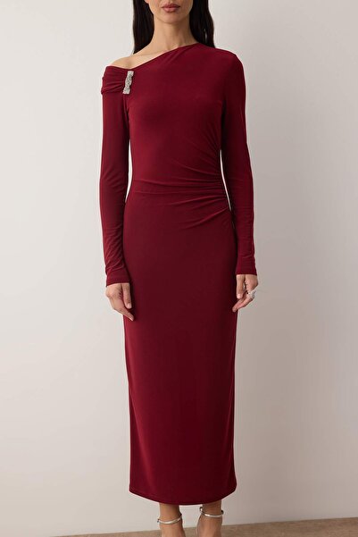 Trendyol Collection Dark Burgundy Accessory Detailed Knitted Maxi Lined Dress Tpraw26El00111