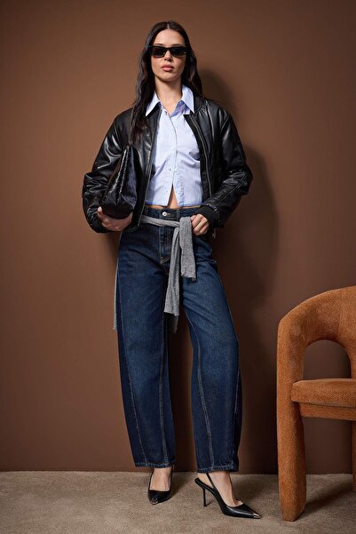 Trendyol Collection Dark Blue Stitching Detail High Waist Barrel Jeans Twoaw26Je00289