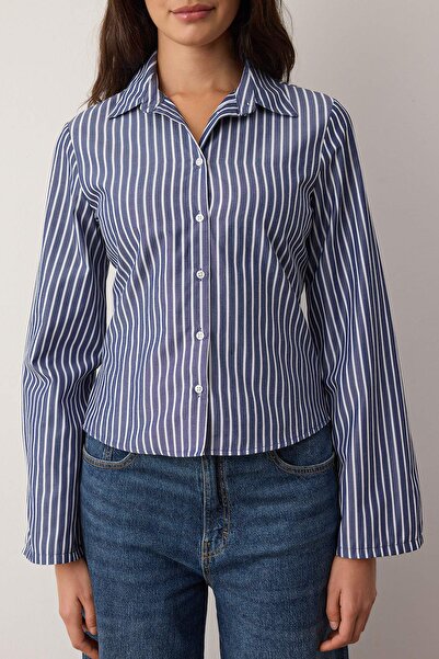 Trendyol Collection Navy Blue-White Corset Detailed Fitted Waist Shirt Twoaw26Go00055