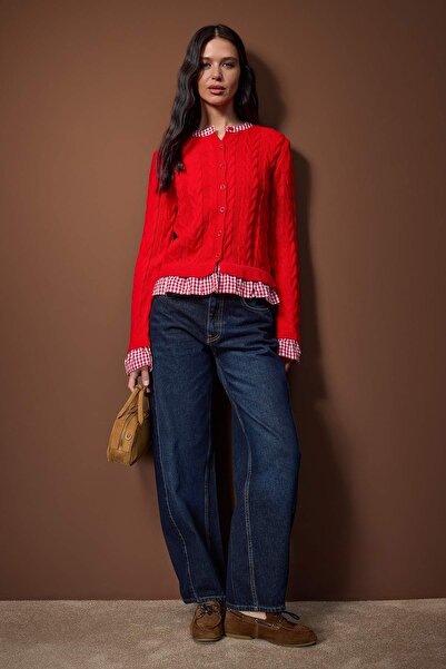 Trendyol Collection Red Plaid Garni Collar Detailed Knitwear Cardigan Twoaw26Hi00259