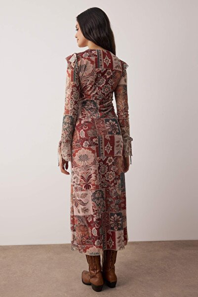 Trendyol Collection Ethnic Patterned Ruffled Maxi Knitted Dress Twoaw26El00060