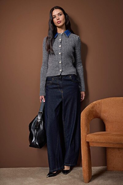 Trendyol Collection Anthracite Denim Garnished Hair Knitwear Cardigan Twoaw26Hi00286