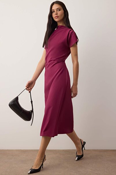Trendyol Collection Dark Purple Straight A-Line Shirring / Drape Midi Woven Dress Twoaw25El00393