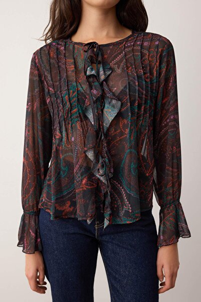 Trendyol Collection Multi-Colored Boho Chiffon Ruffle and Rubber Detailed Shirt Twoss25Go00141