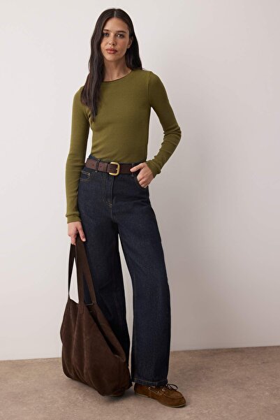 Trendyol Collection Oil Green Double-Layered Crew Neck Ribbed Stretchy Knitted Blouse Twoaw26Bz00067