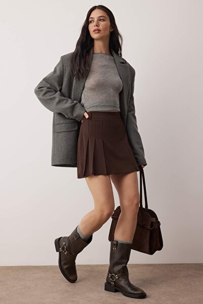 Trendyol Collection Dark Brown Pleated Detailed Mini Slit Mini Size Woven Skirt Twoaw26Et00000