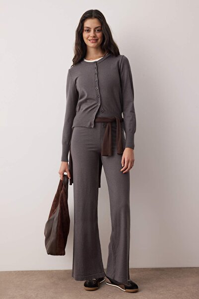 Trendyol Collection Wardrobe Essentials Anthracite Mercerized Look Knitwear Cardigan-Pants Bottom-Top Set | Twoaw26Au00003