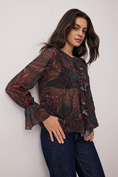 Trendyol Collection Multi-Colored Boho Chiffon Ruffle and Rubber Detailed Shirt Twoss25Go00141