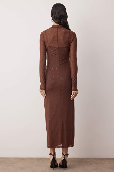 Trendyol Collection Limited Edition Light Brown Shiny Stones Tulle Evening Dress Night Graduation Dress Tpraw24El00208