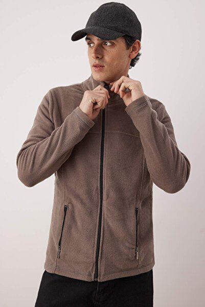 Trendyol Collection Dark Beige Regular/Normal Cut Zippered Fleece Sweatshirt Tmnaw26Sw00063