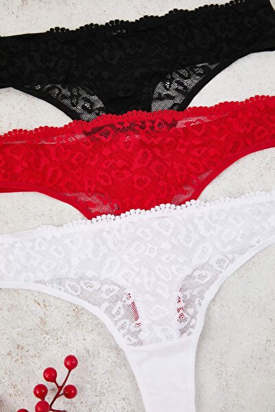 Trendyol Collection Μαύρο-άσπρο-κόκκινο εσώρουχο με δαντέλα 3 τεμαχίων THMAW26KU00050