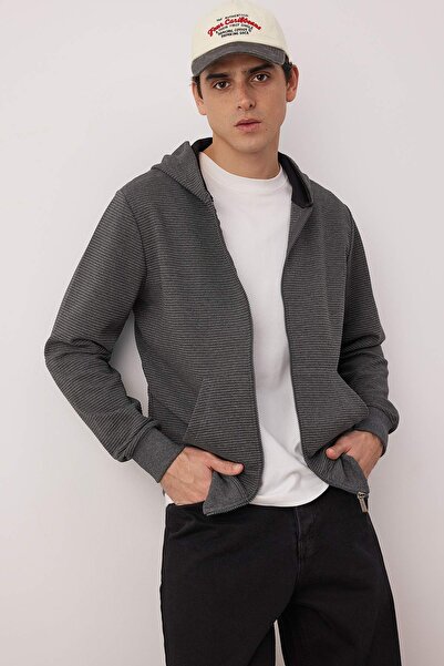 Trendyol Collection Anthracite Regular/Normal Cut Zippered Hooded Textured Sweatshirt Tmnaw26Sw00067