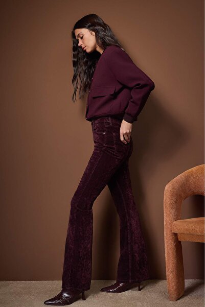 Trendyol Collection Burgundy Suede Look High Waist Comfort/Flexible Flare Jeans Twoaw26Je00287