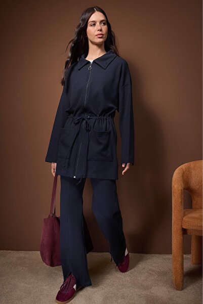 Trendyol Modest Navy Blue Regular Waffle Plain Knitted Hijab Bottom - Top Set Tctaw26Us00072