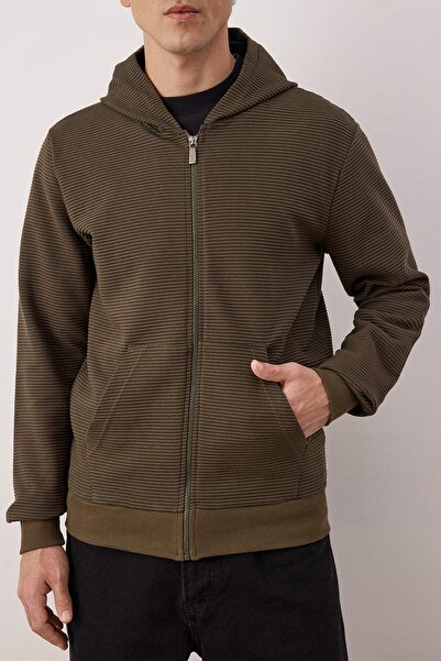 Trendyol Collection Khaki Regular/Normal Cut Zippered Hooded Textured Sweatshirt Tmnaw26Sw00067