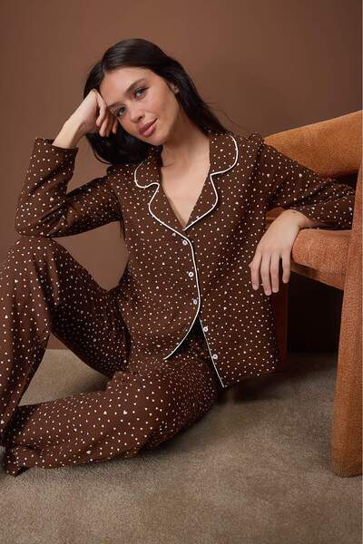 Trendyol Collection Brown Heart Muslin Woven Pajama Set Thmaw26Pt00110