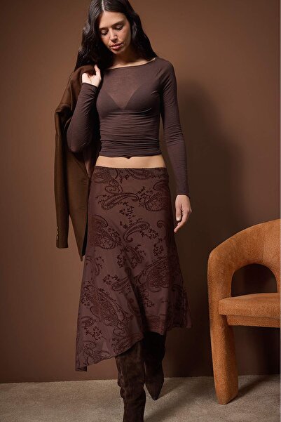 Trendyol Collection Brown Asymmetric Flock Printed Skater Stretchy Tulle Knitted Skirt Twoaw26Et00156