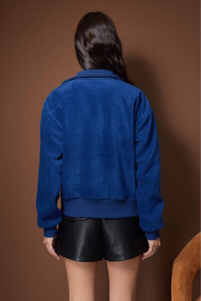 Trendyol Collection Navy Blue Regular/Normal Fit Zipper Detail Stand Collar Fleece Thick Knitted Sweatshirt Twoaw26Sw00026