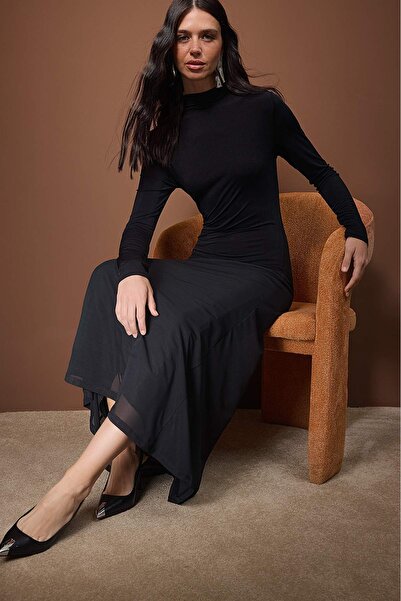 Trendyol Collection Black A-Line/Bell Form Tulle Garni Detailed Midi Long Sleeve Stretchy Knitted Dress Twoaw26El00140